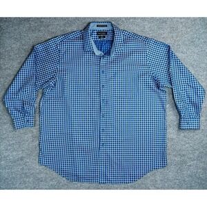 Paul Fredrick Shirt Mens 19x35 Blue Plaid Classic Fit Non-Iron 2 Ply Cotton